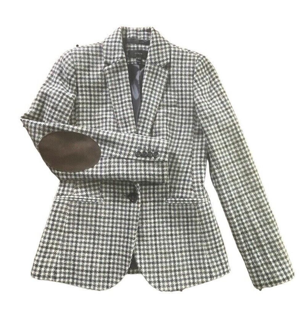 NEW J.Crew Sport Coat Womens Size 0 Gray Moon Wool Leather Elbow Houndstooth